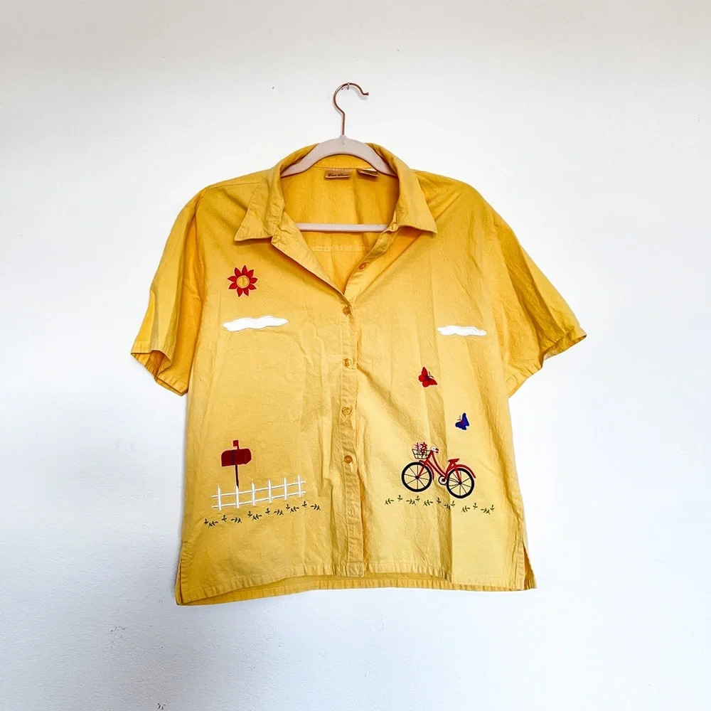 Vintage Bobbie Brooks Yellow 100% Cotton Shirt with Embroidery Large